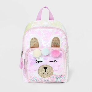 Kids Pink Sequin Bear Mini Backpack with Pom-Pom Trim